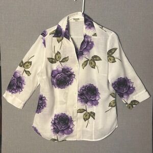 Brookshire White Linen Button Up Shirt Purple Floral Pattern Sz M L Quiet Luxury